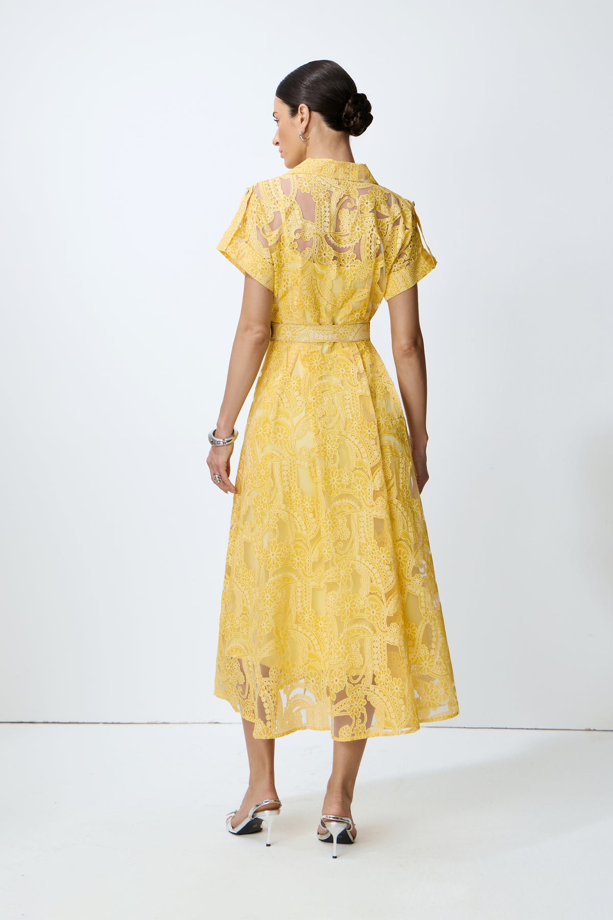 Belted Floral Lace Midi Dress in Yellow - view 4