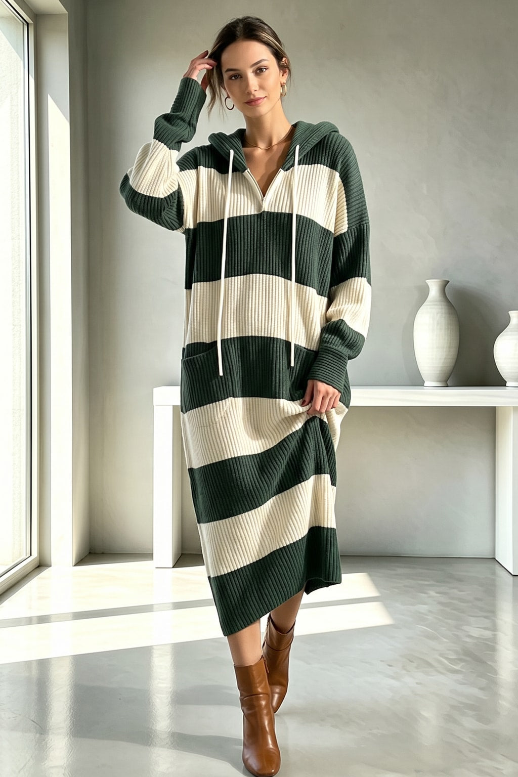 Knit Hooded Sweater Midi Dress - 4