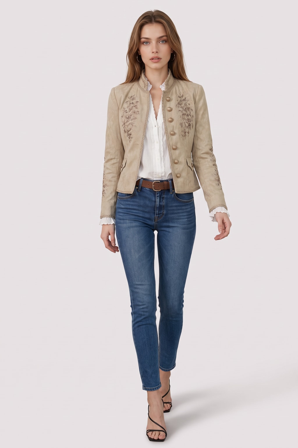 Retro Beige Long Sleeve Blazer with Floral Embroidery - 3