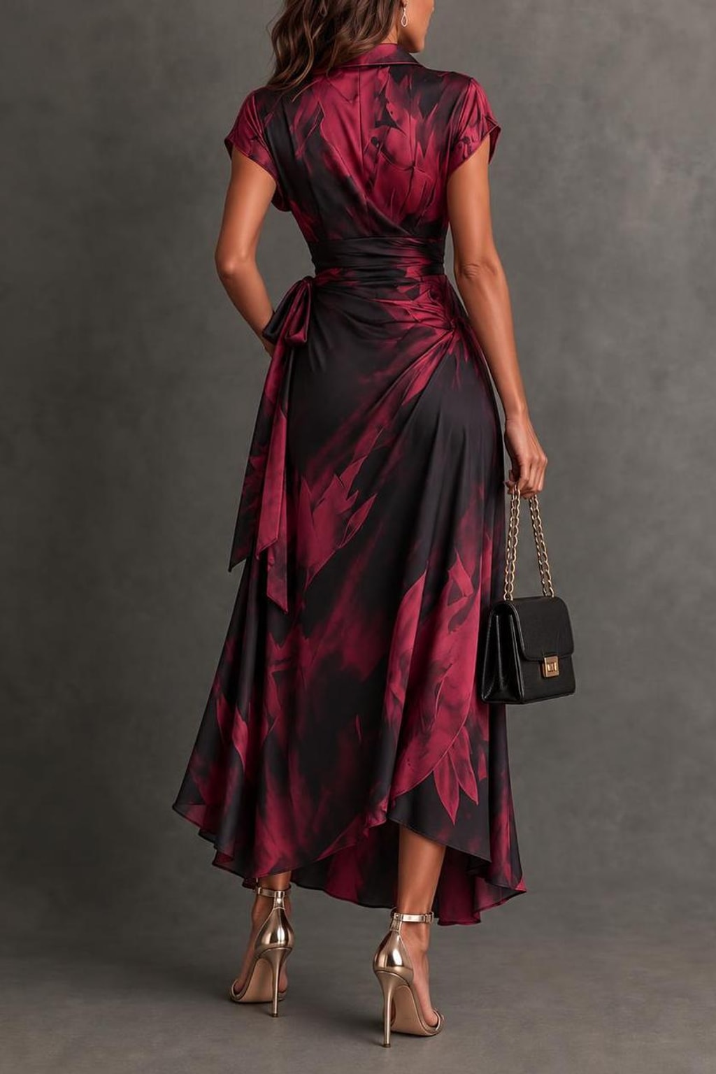 Polyester Wrap Midi Dress with Self-Tie Waist - 3
