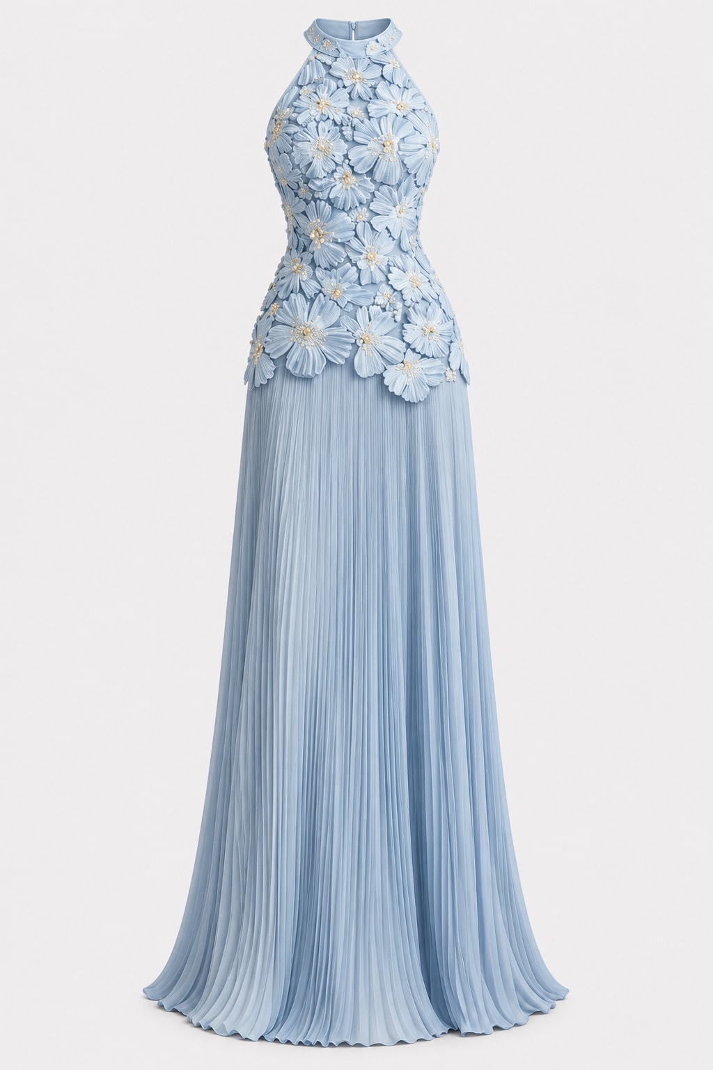 Blue Chiffon Halter Neck Maxi Dress With Floral Embroidery - 1