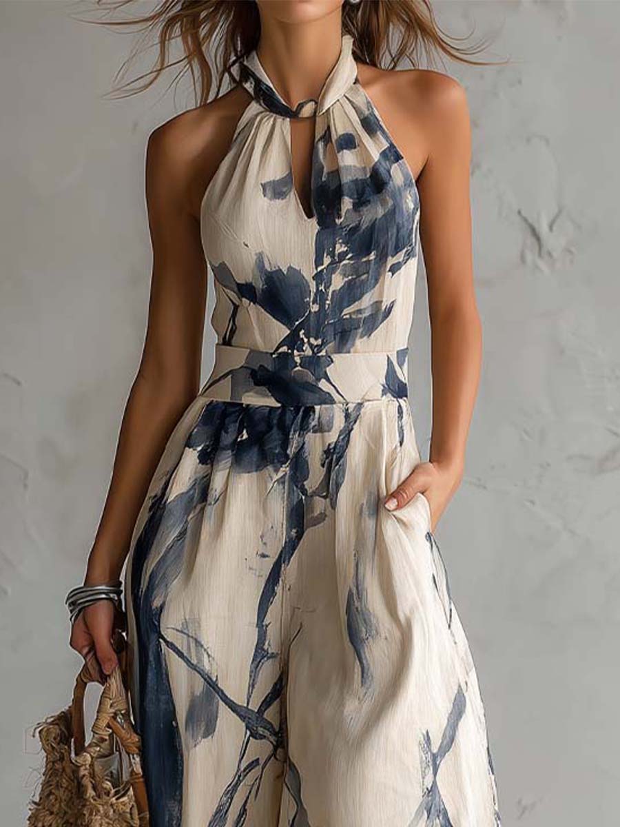 Blue wide-leg halter jumpsuit - view 5
