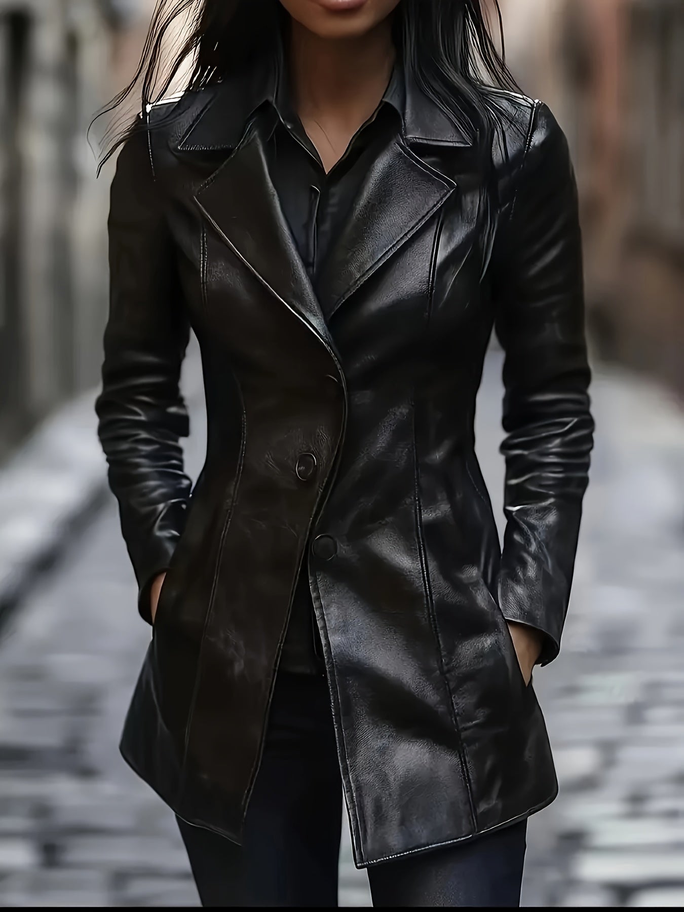 Black tailored mid-length A-line coat - view 3