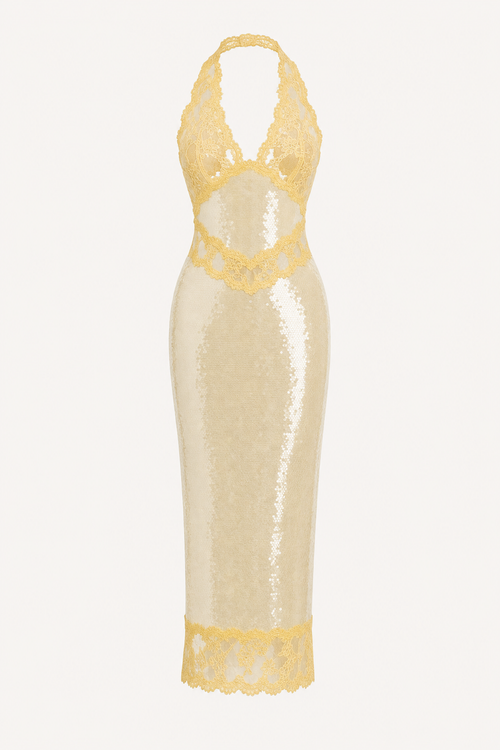 Yellow sequin halter midi dress with sheer lace