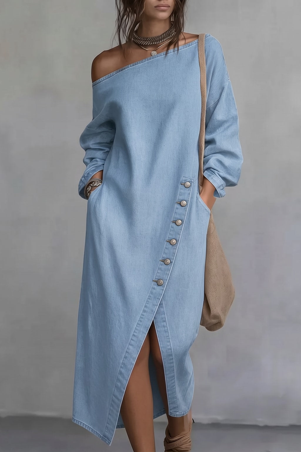 Denim Midi Dress With Off-Shoulder Neckline - 5