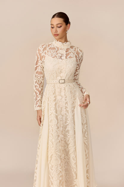 High Neck Lace Overlay Maxi Dress in Beige - view 3