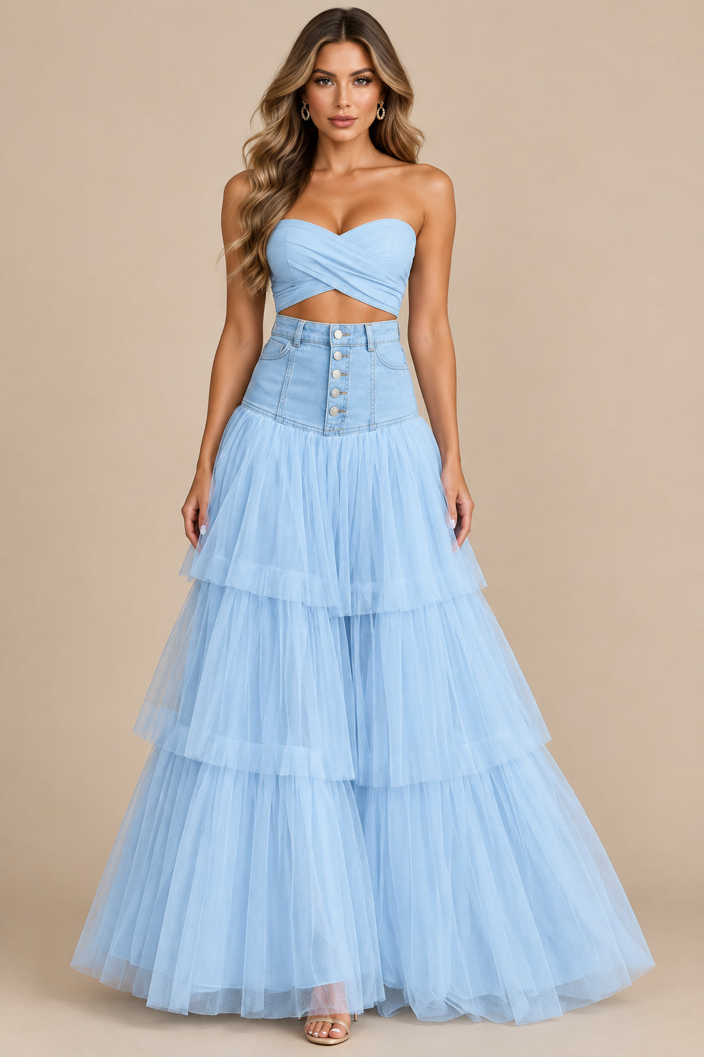 Cotton Blend Maxi Skirt With Tiered Mesh - 4