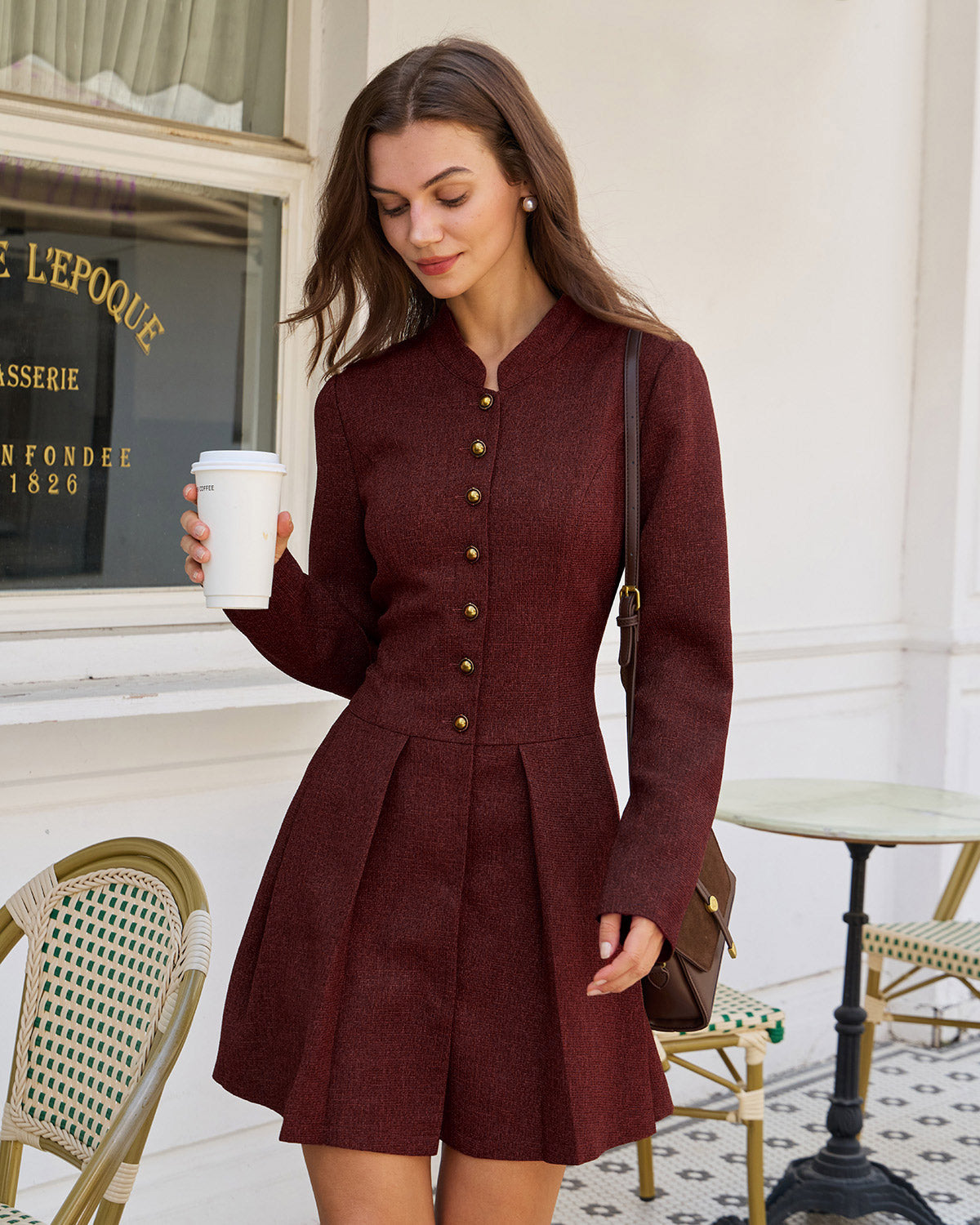 Wine red pleated button mini dress - view 3