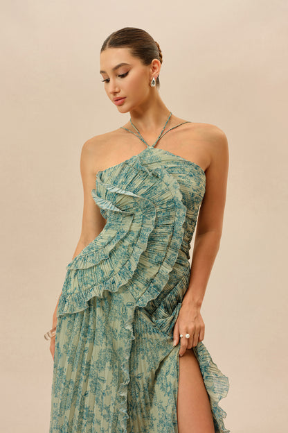 Dark Green Floral Halter Chiffon Maxi Dress - view 3