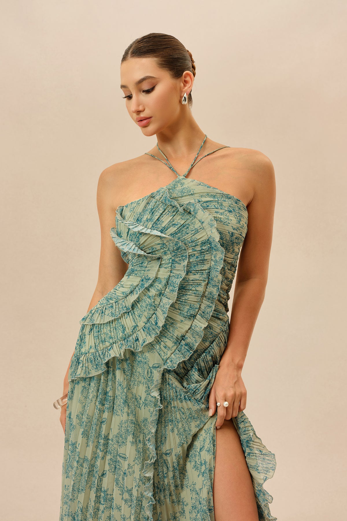 Floral Print Chiffon Maxi Dress With Ruffle Trim & Halter Tie - 3