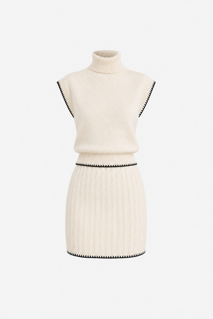 Contrast Trim Knit Turtleneck and Skirt Set