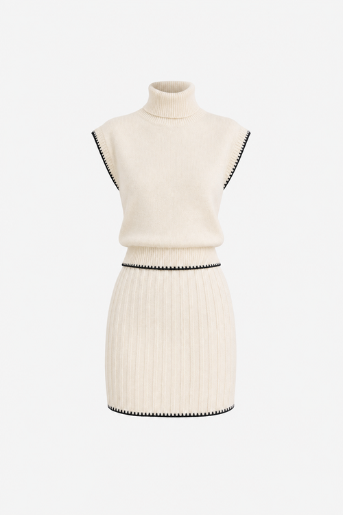 Contrast Trim Knit Turtleneck and Skirt Set