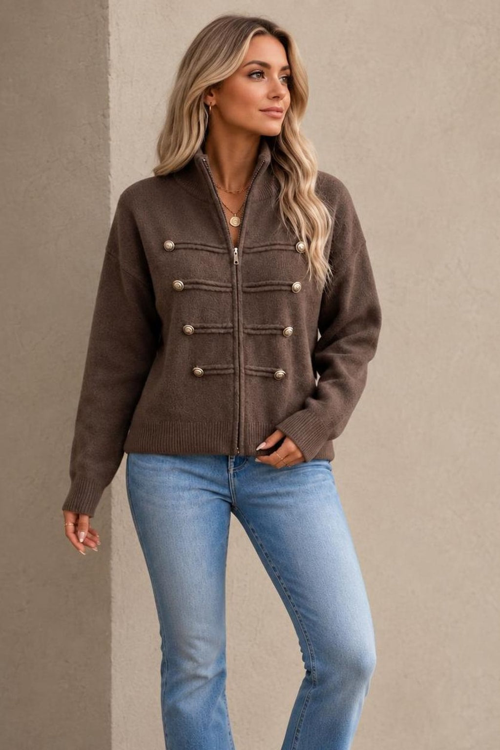 Knit Zip-Front Military-Style Cardigan - 13