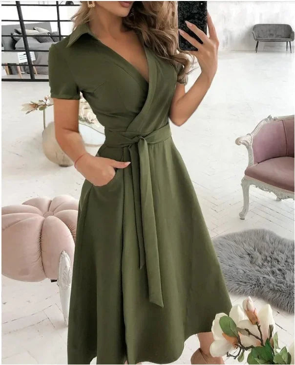 Flowy Wrap Midi Dress with Self-Tie Waist - view 7