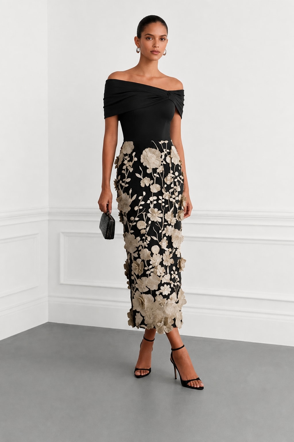 Black 3D Floral Applique Knit Off The Shoulder Short Sleeve Sheath Midi Dress - 2