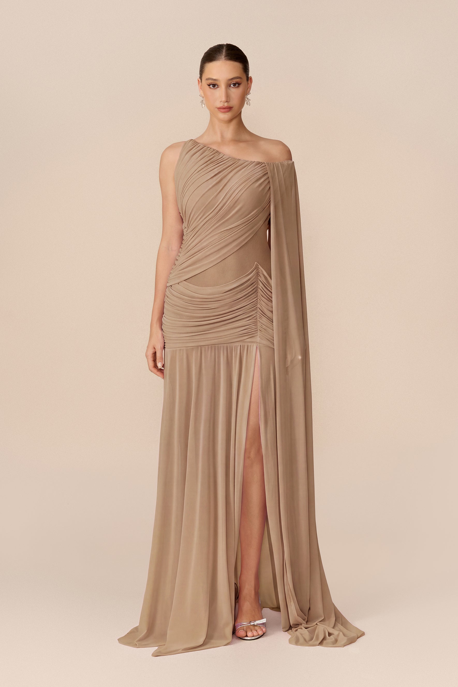 Draped Cape Sleeve Mesh Maxi Dress in Khaki - view 5