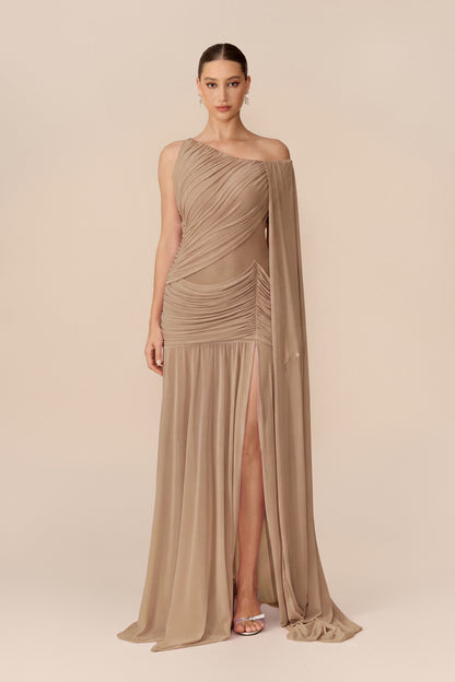 Draped Cape Sleeve Mesh Maxi Dress in Khaki - view 5
