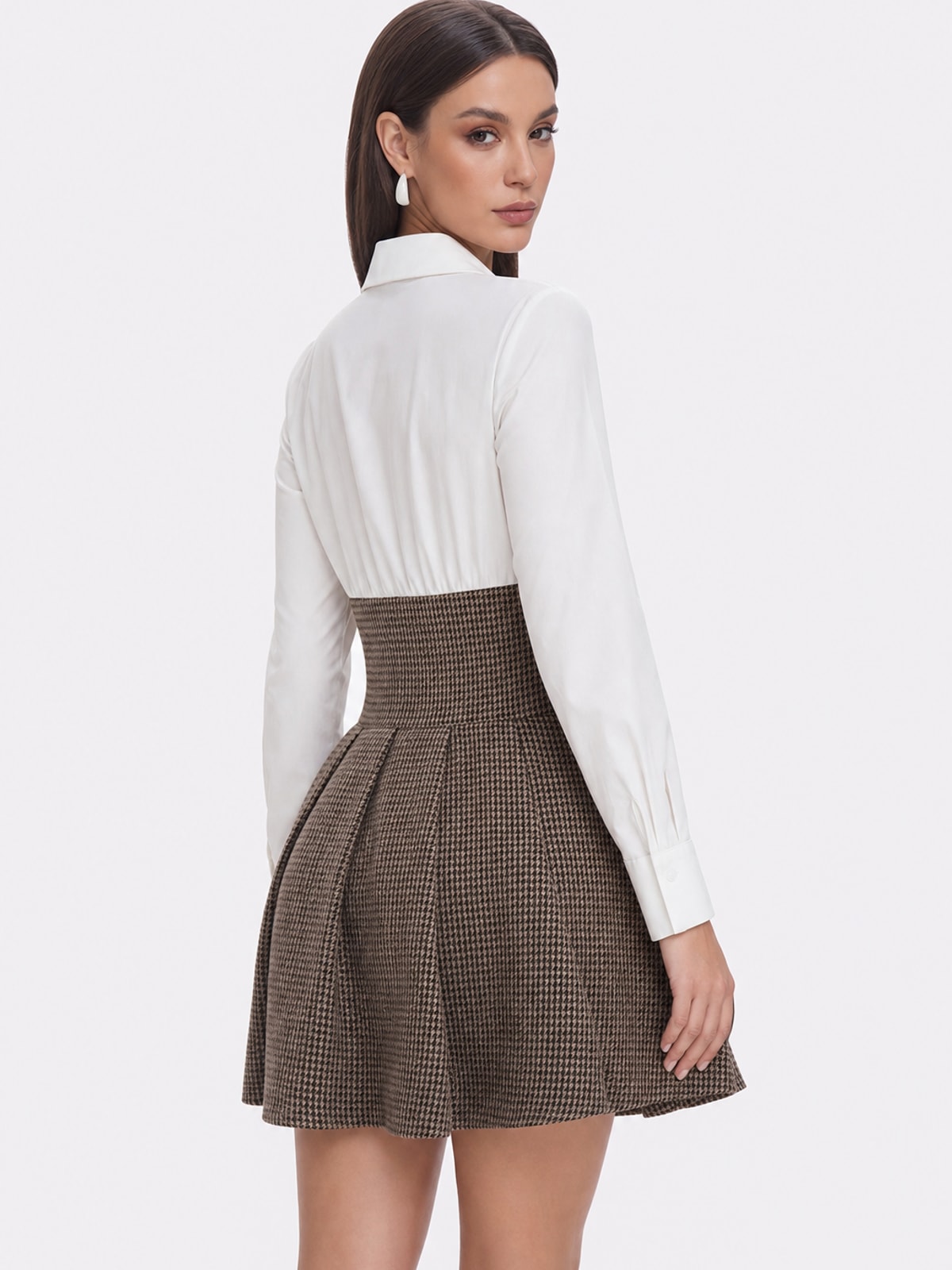 Brown Houndstooth Tweed Pleated Mini Dress - 5