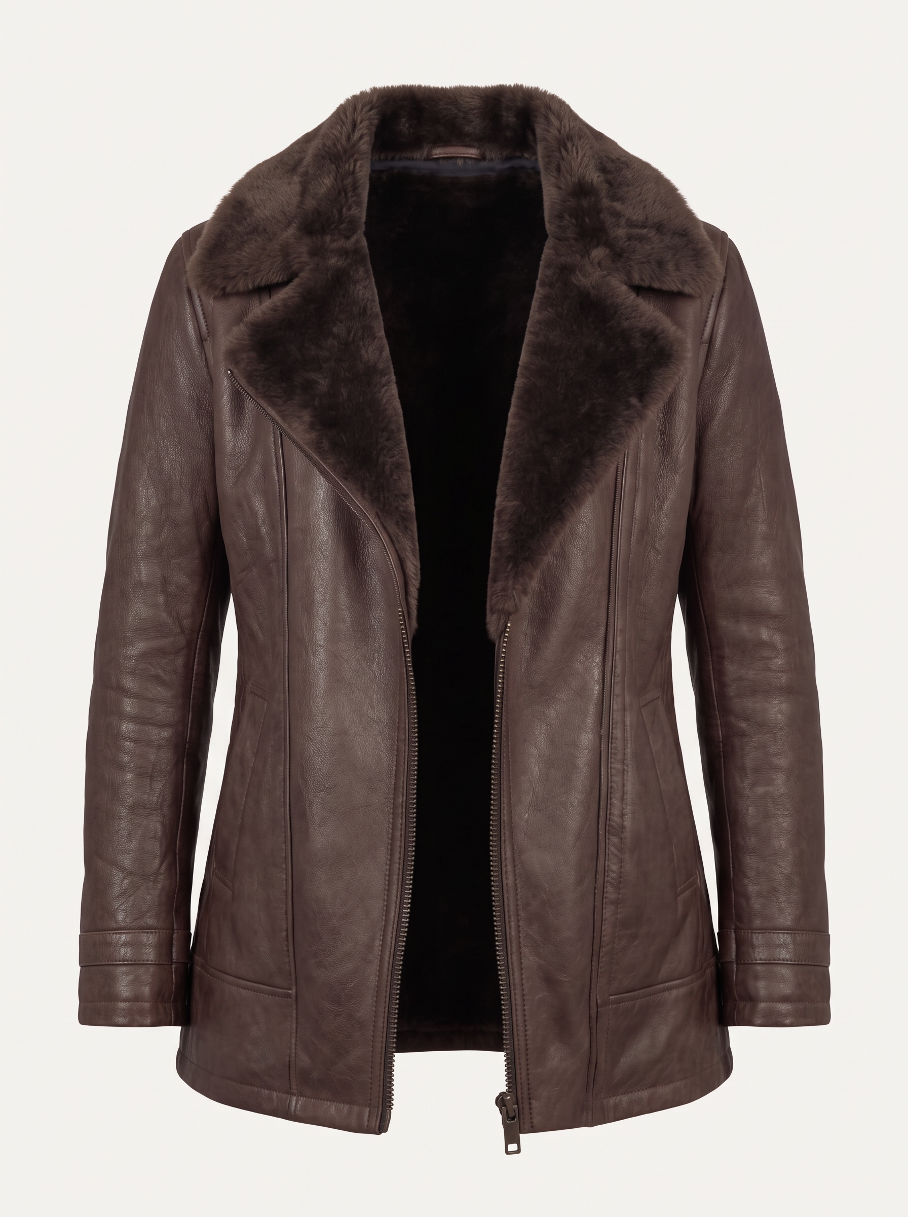 Brown Faux Leather Jacket with Shearling Collar