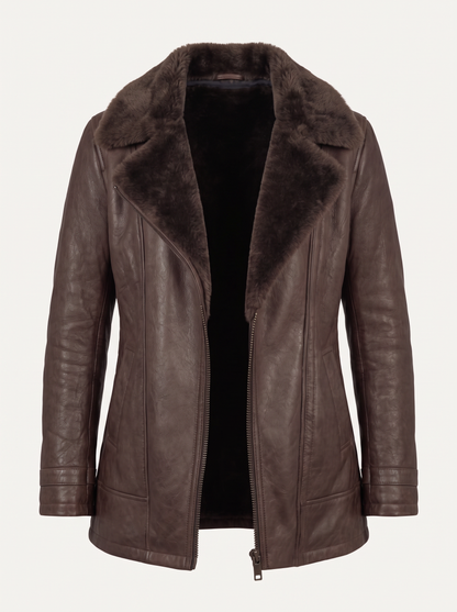 Brown Faux Leather Jacket with Shearling Collar
