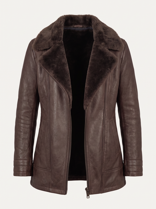 Brown Faux Leather Jacket with Shearling Collar