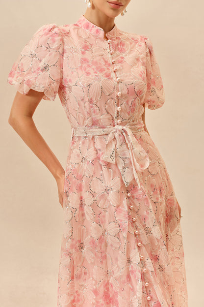 Pink Floral Sequin Puff Sleeve Maxi Dress - view 3