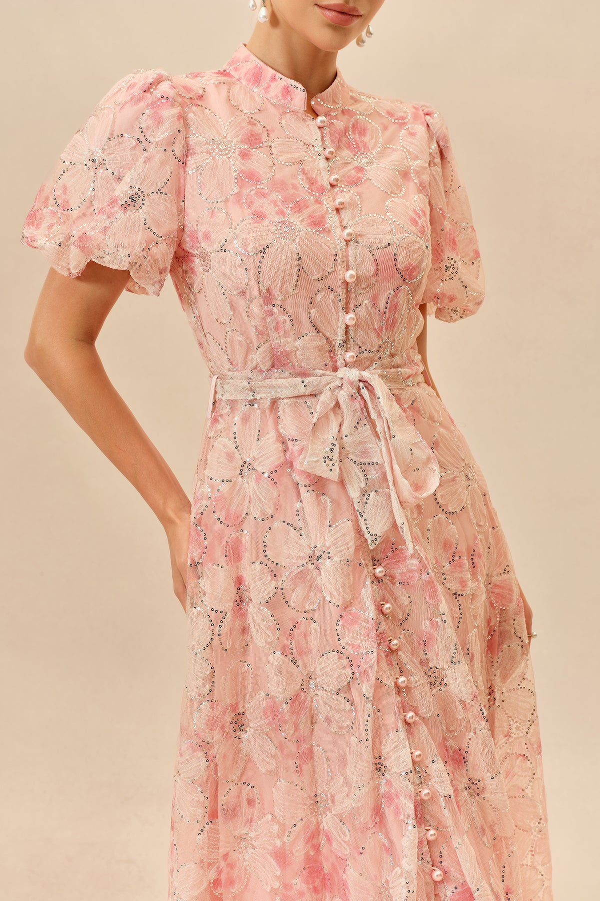 Floral Sequin Maxi Dress Puff Sleeve Tie-Waist Gown - 3