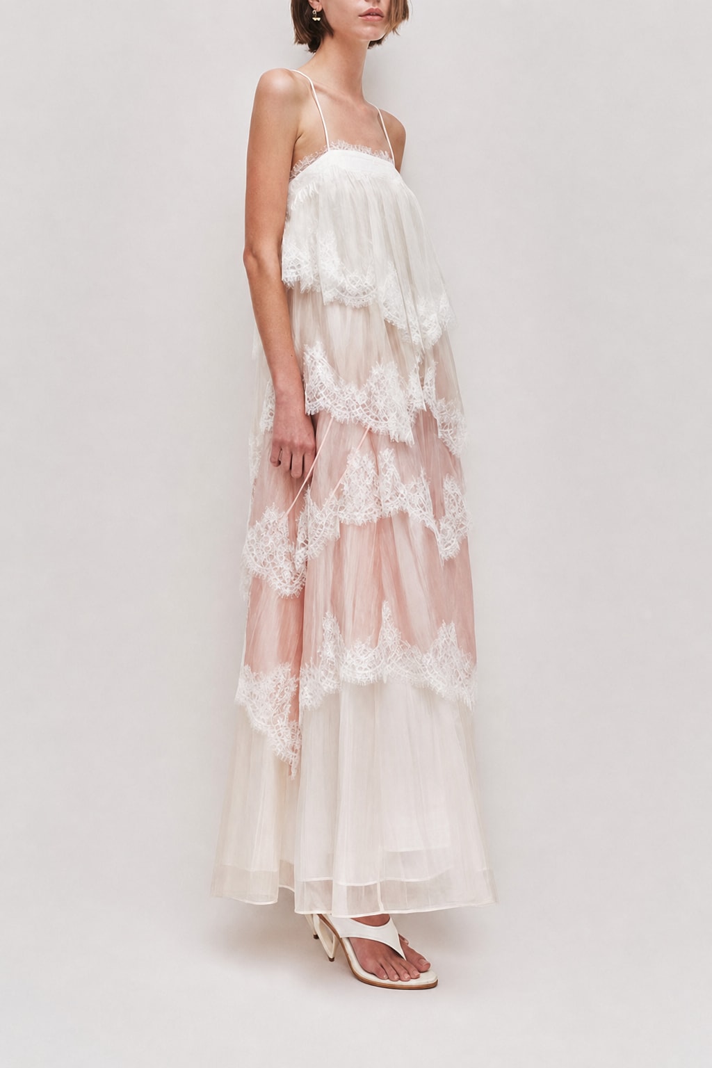 Pink Chiffon Lace Backless Tiered Maxi Dress - 3