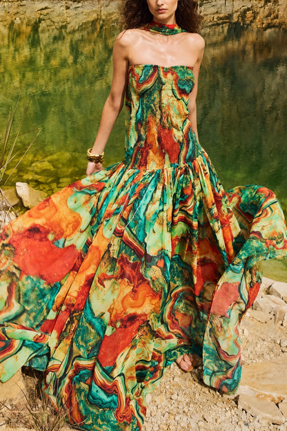 Smocked Off-Shoulder Maxi Dress in Orange - view 2