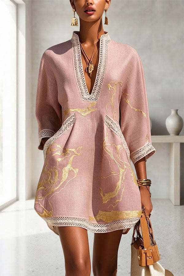 V-Neck Tunic Dress With Three-Quarter Sleeves - view 8