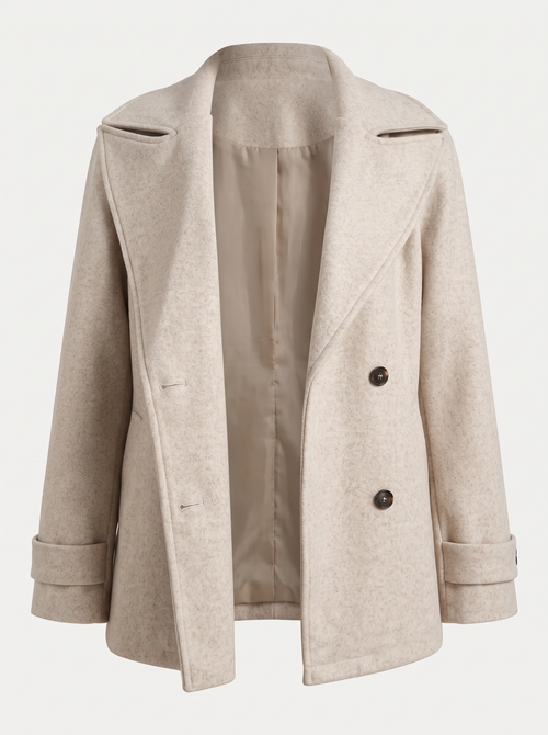 Beige wool blend pea coat with notched collar
