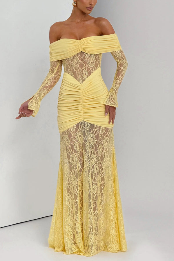 Off-Shoulder Pleated Lace Maxi Dress - view 2