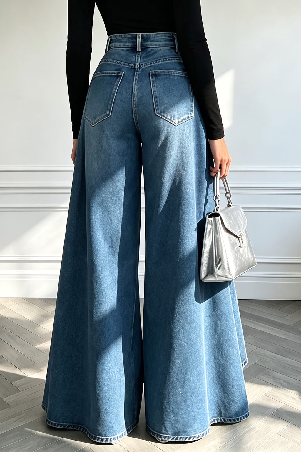 Denim Wide-Leg Jeans With High-Waist Overlay - 4