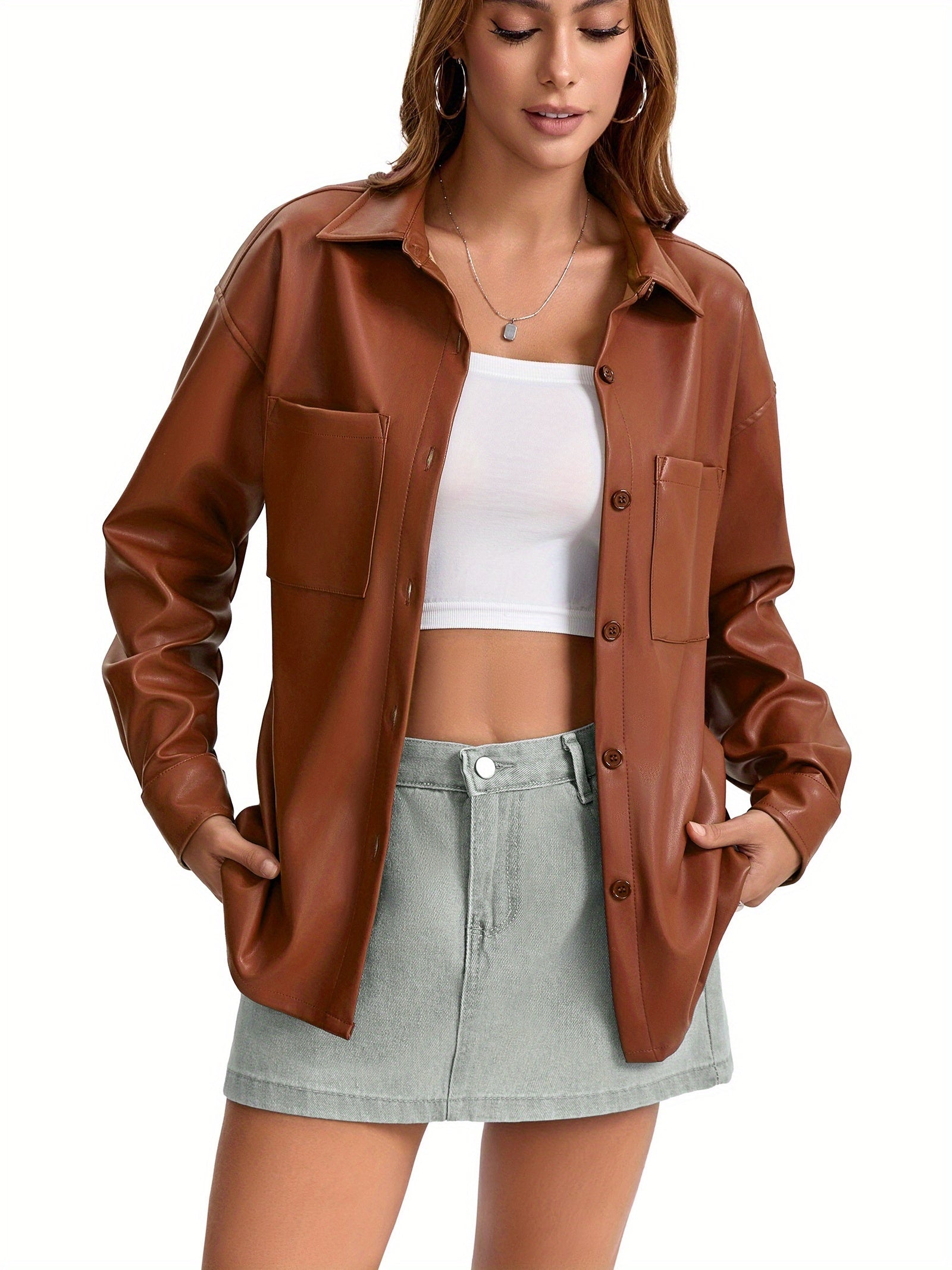 Oversized Faux Leather Button-Front Jacket - view 7