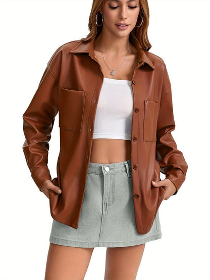 Oversized Faux Leather Button-Front Jacket - view 7