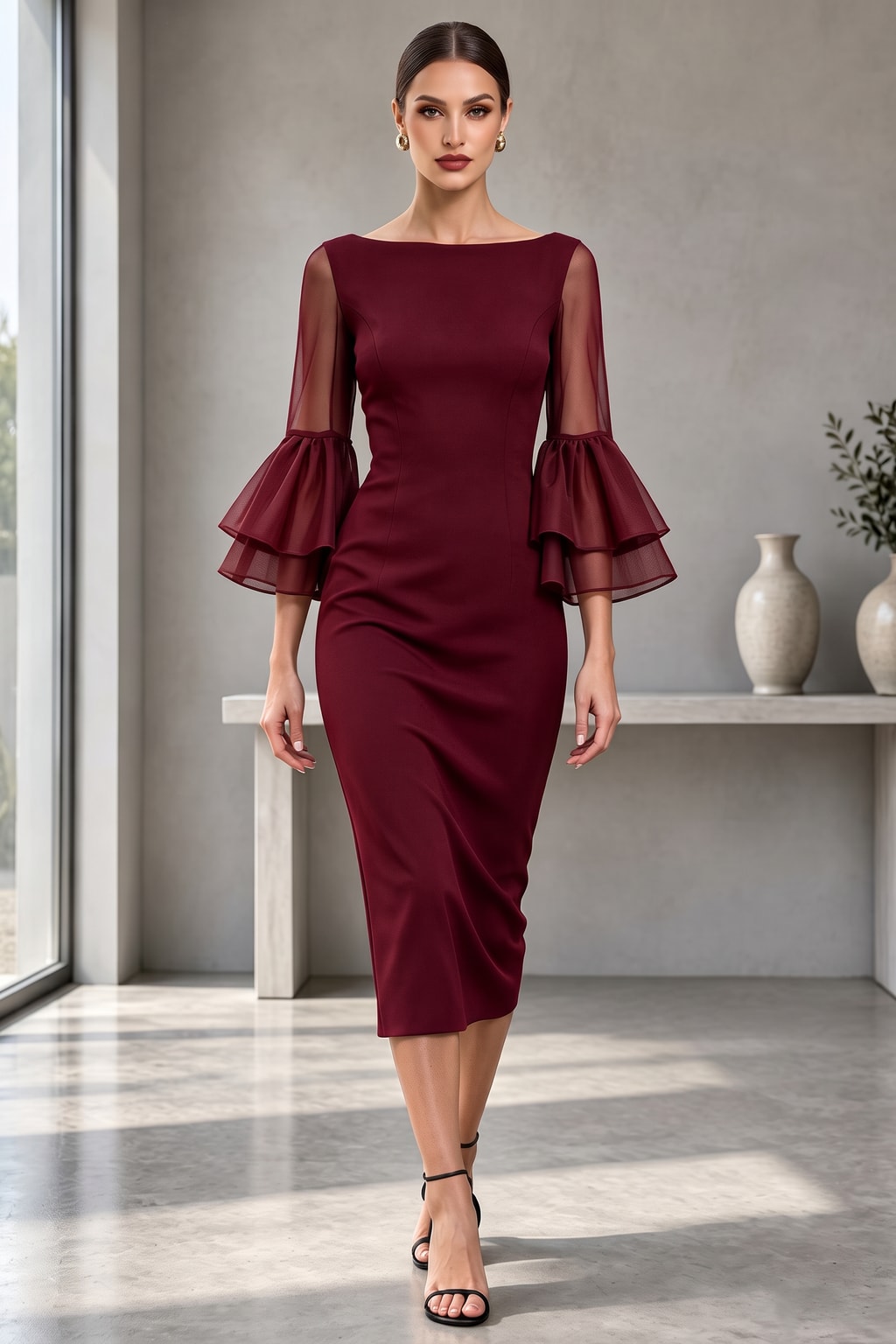 Polyester Bodycon Midi Dress With Bell Sleeves - 5