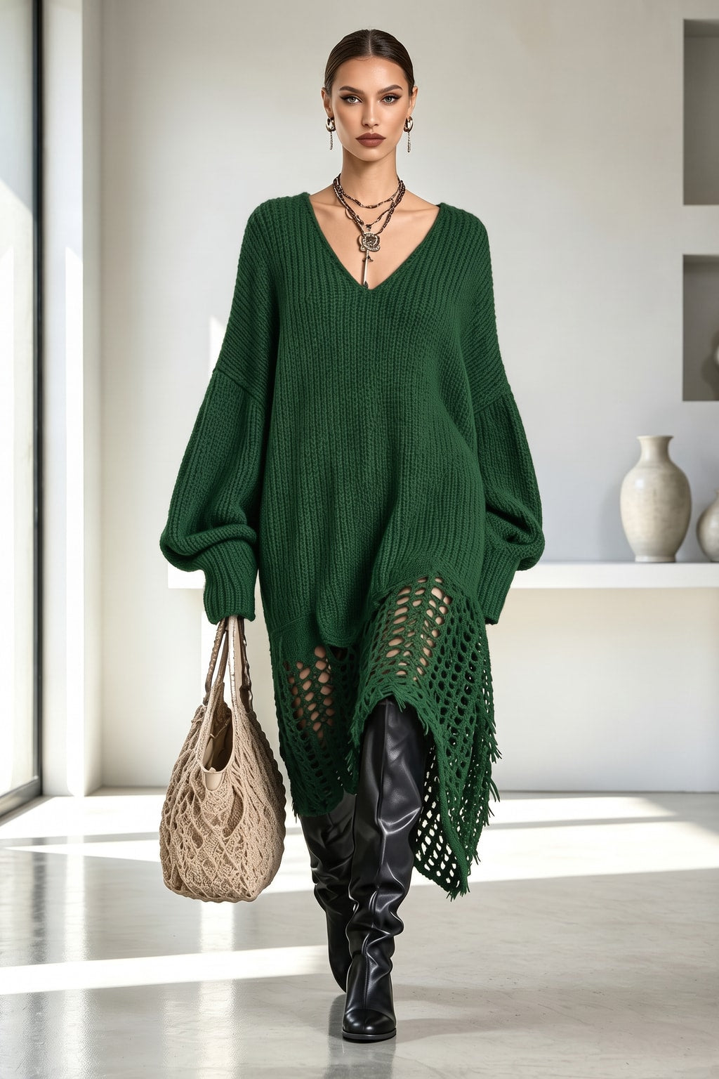 Knit Sweater Midi Dress With Asymmetrical Cutout Hem - 7