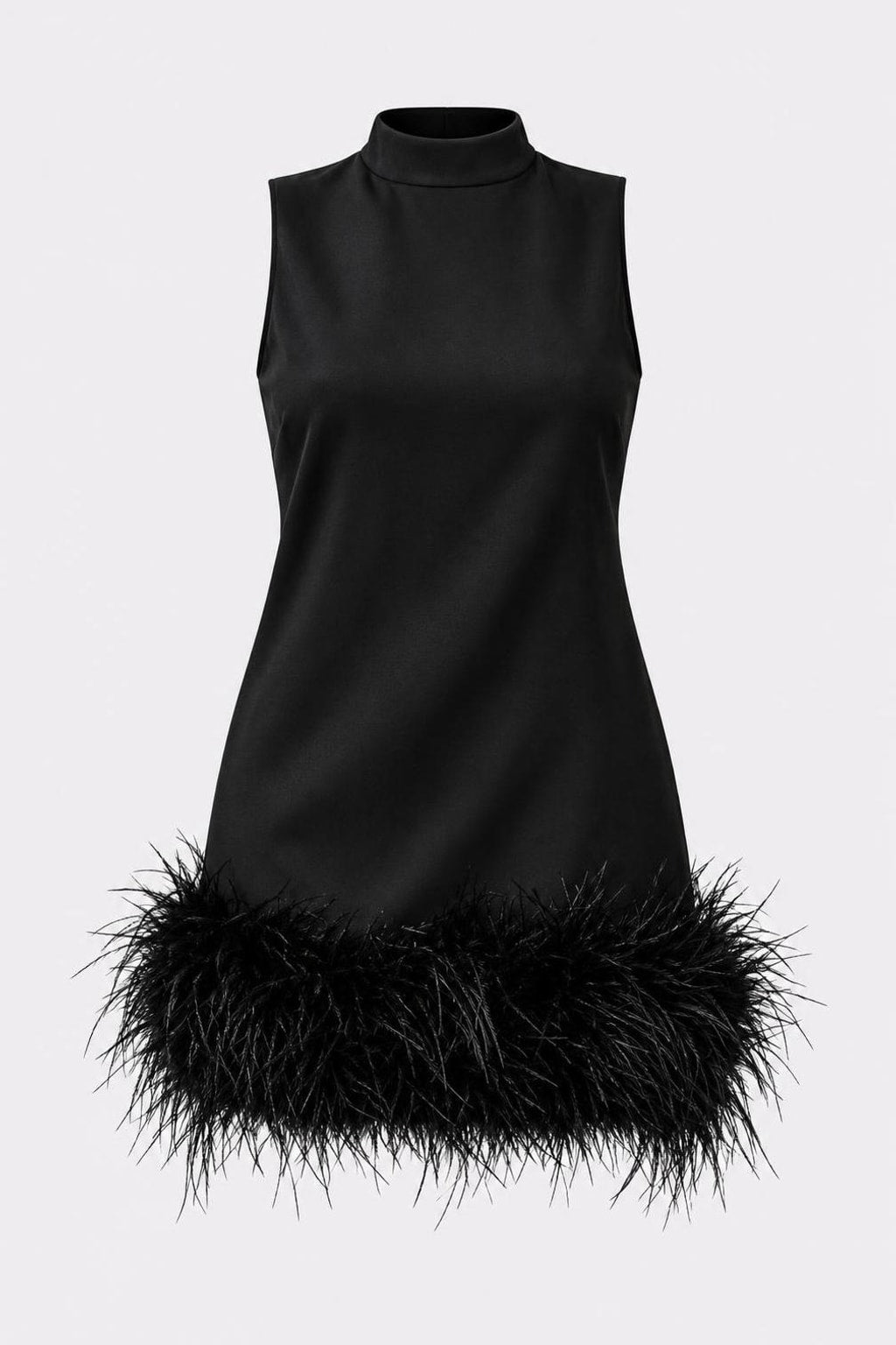 Mock Neck Sleeveless Mini Dress With Feather Hem Holiday Party-1