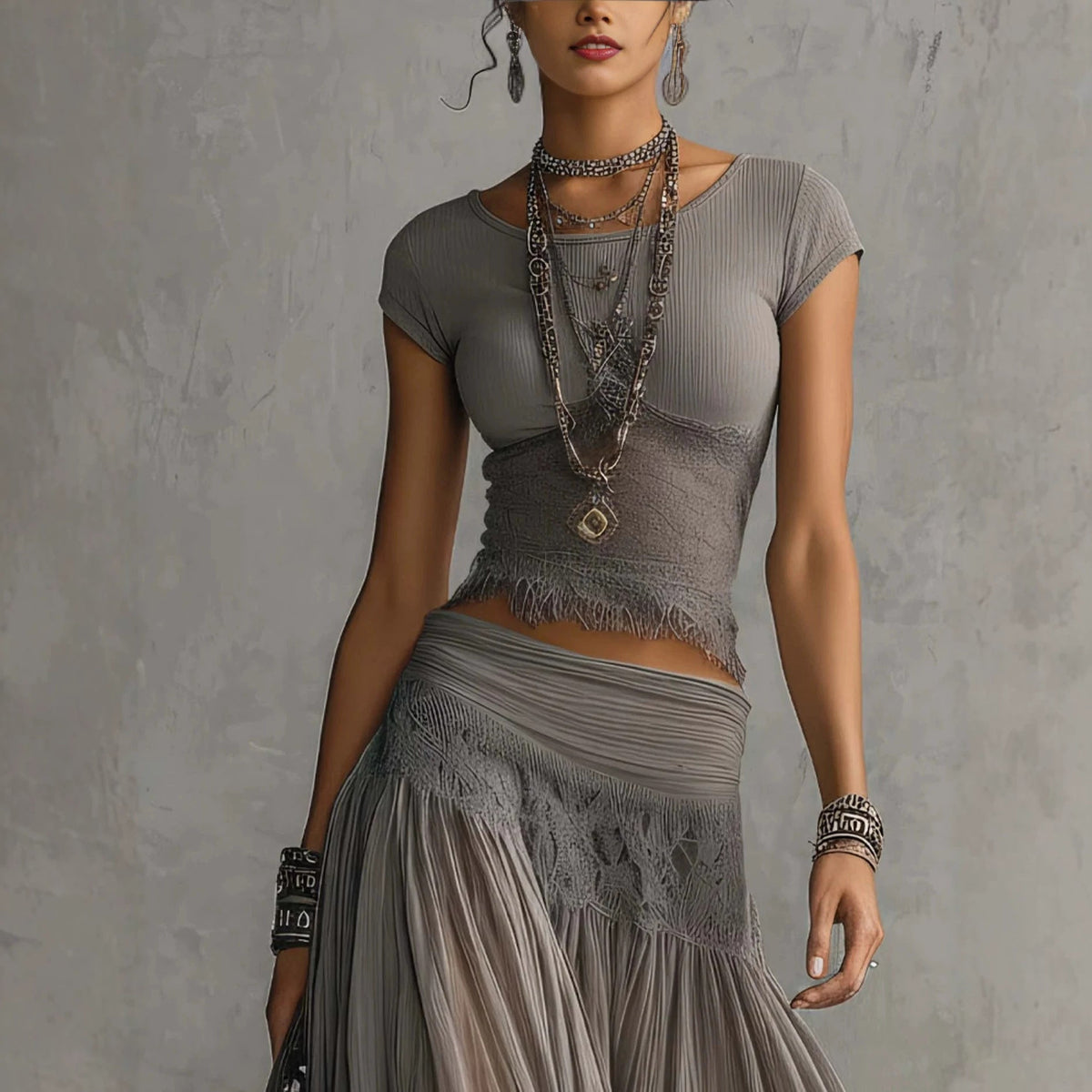 Lace Panel Top and Pleated Maxi Skirt Set - view 3
