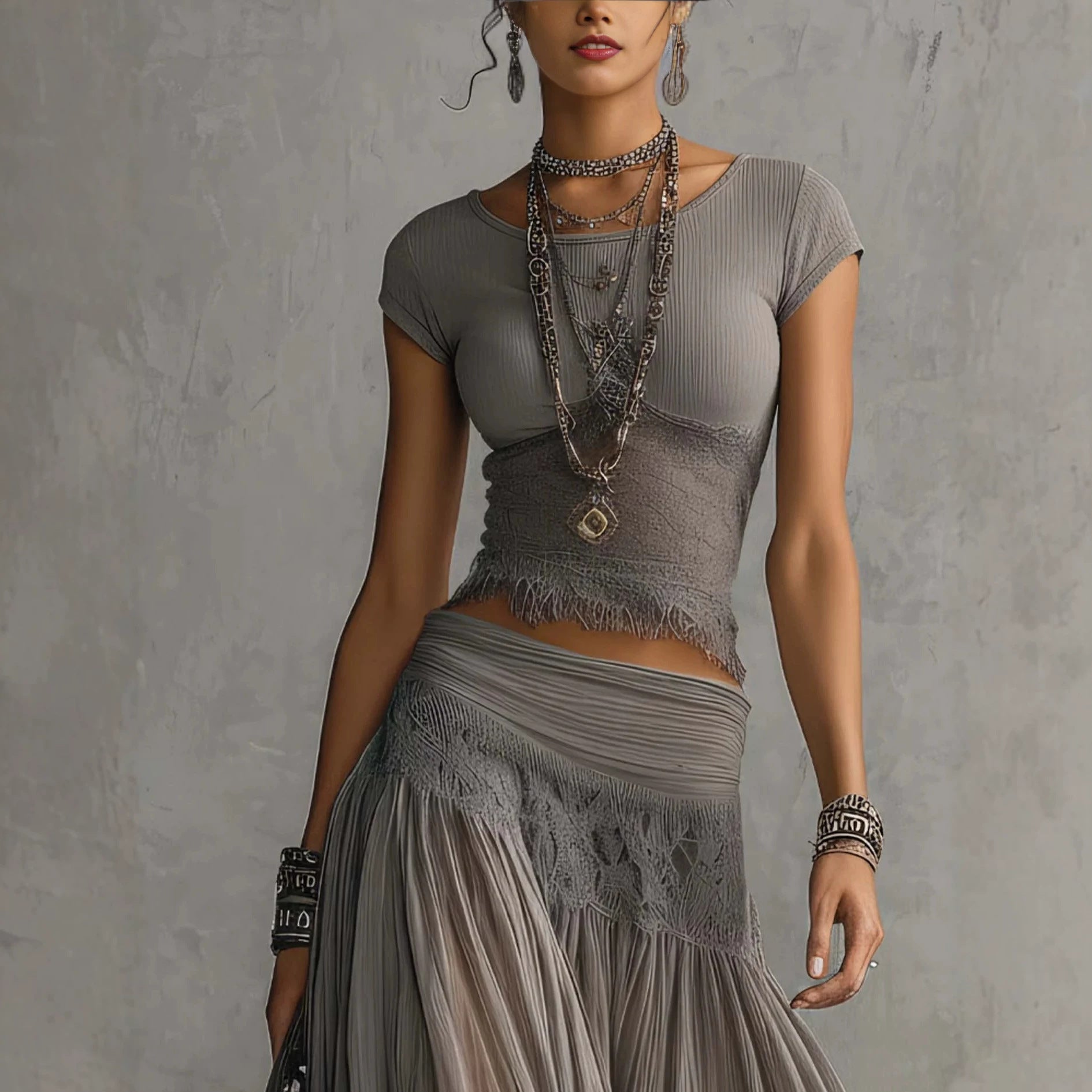 Lace Panel Top and Pleated Maxi Skirt Set - view 3