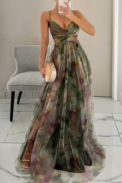 Tulle floral maxi dress with cutout waist - view 4