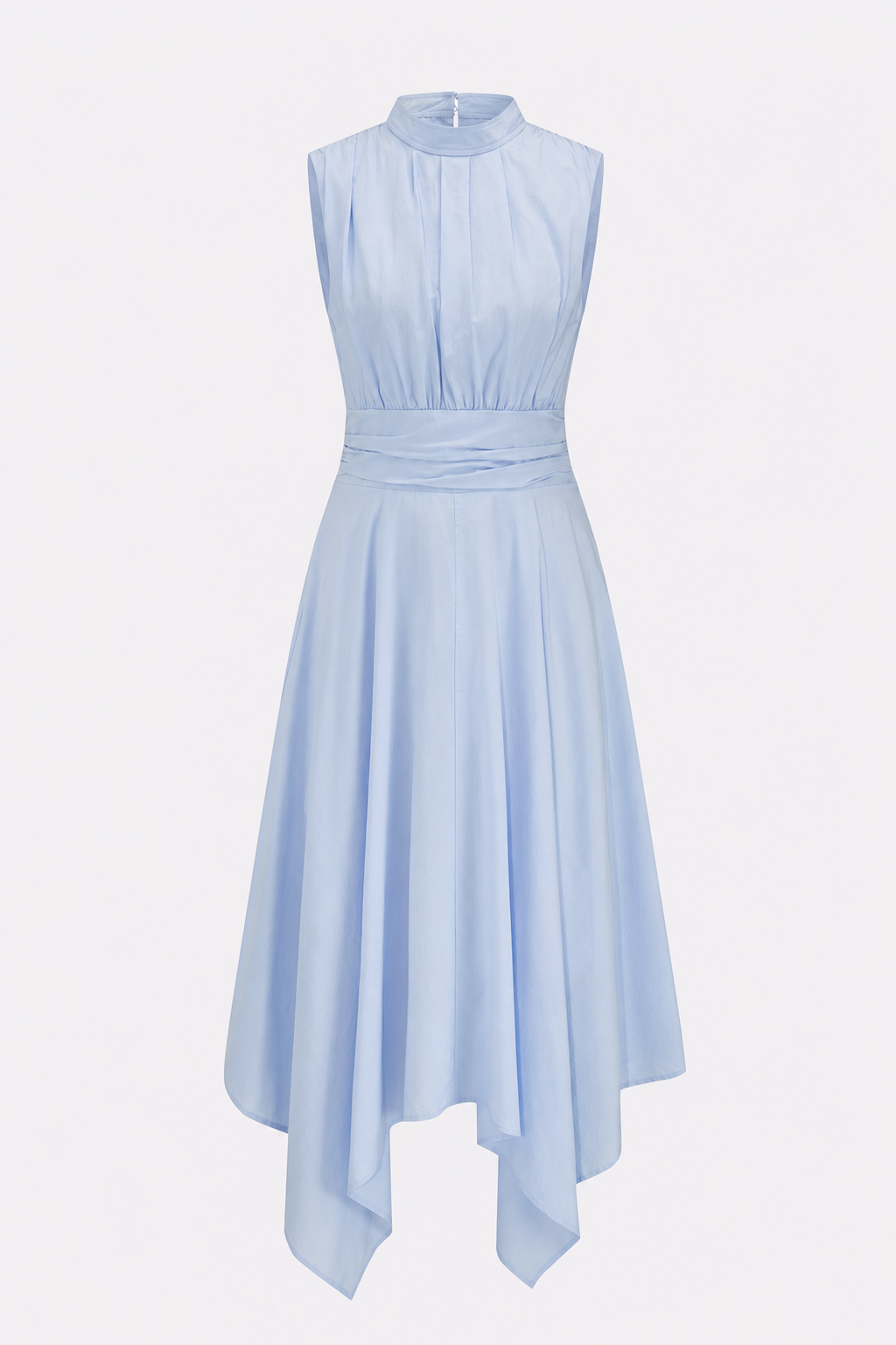 Light Blue Cotton Blend Stand Collar Midi Dress
