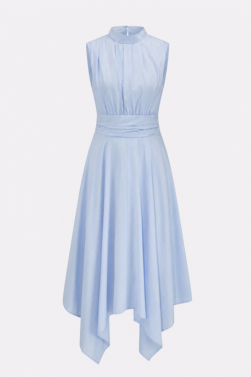 Light Blue Cotton Blend Stand Collar Midi Dress