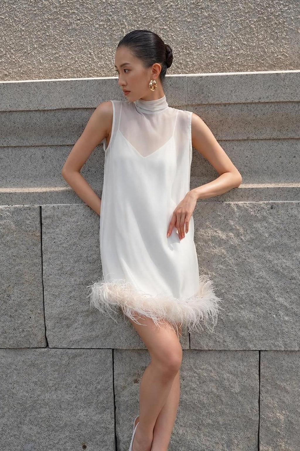 Knit Mini Dress With Feather Trim - 2