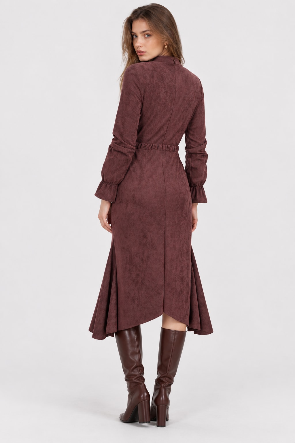 Suede Midi Dress with Zipper and Drawstring - 5