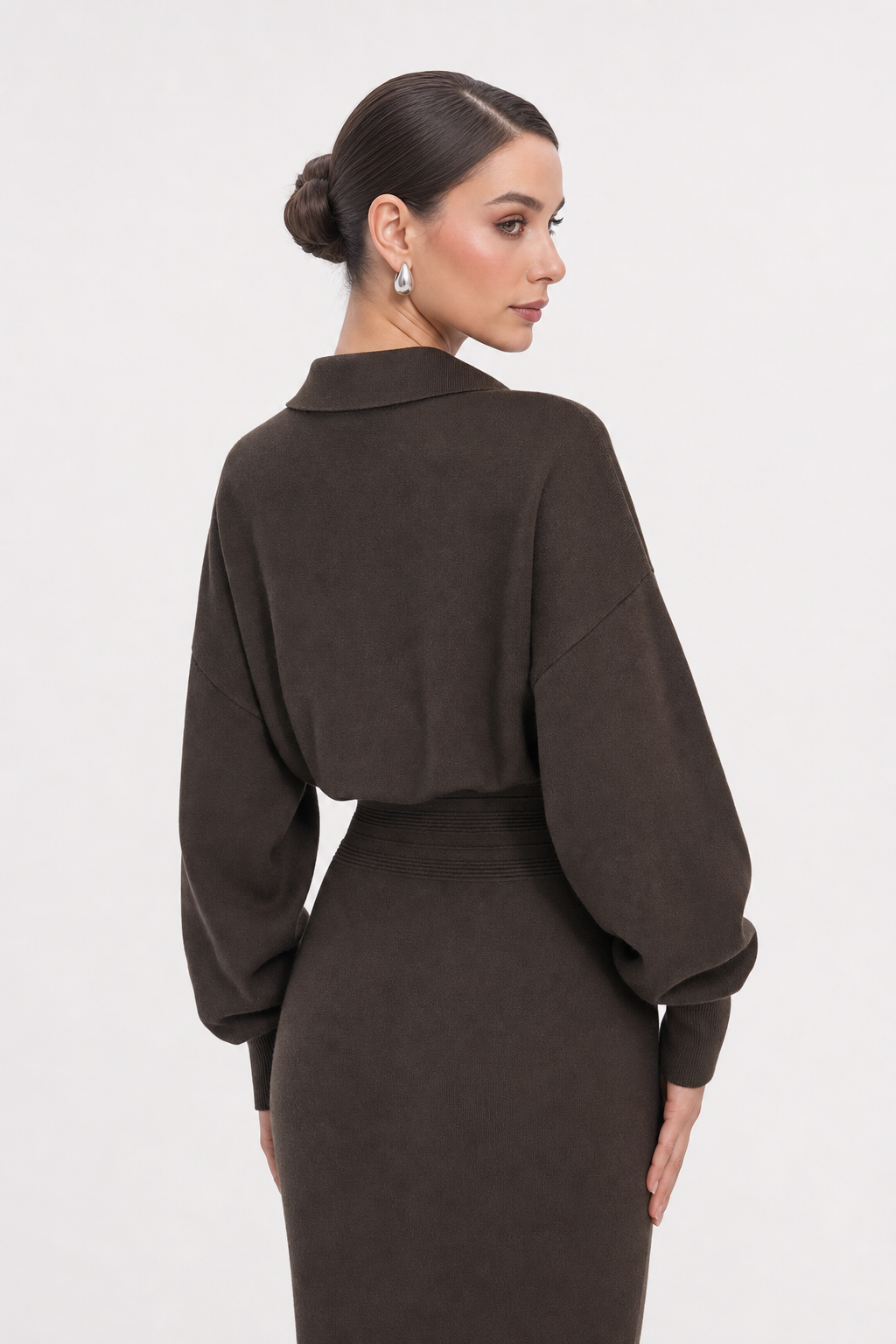 Cinched Waist Knit Shirt Dress in Brown - view 5