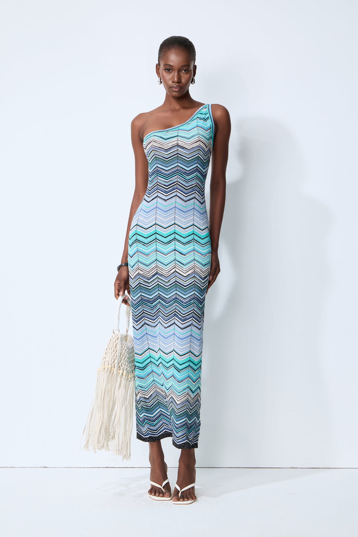 Knit Chevron One Shoulder Midi Dress - 6