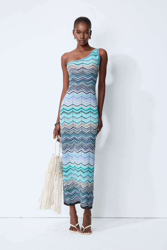 Knit Chevron One Shoulder Midi Dress - 6