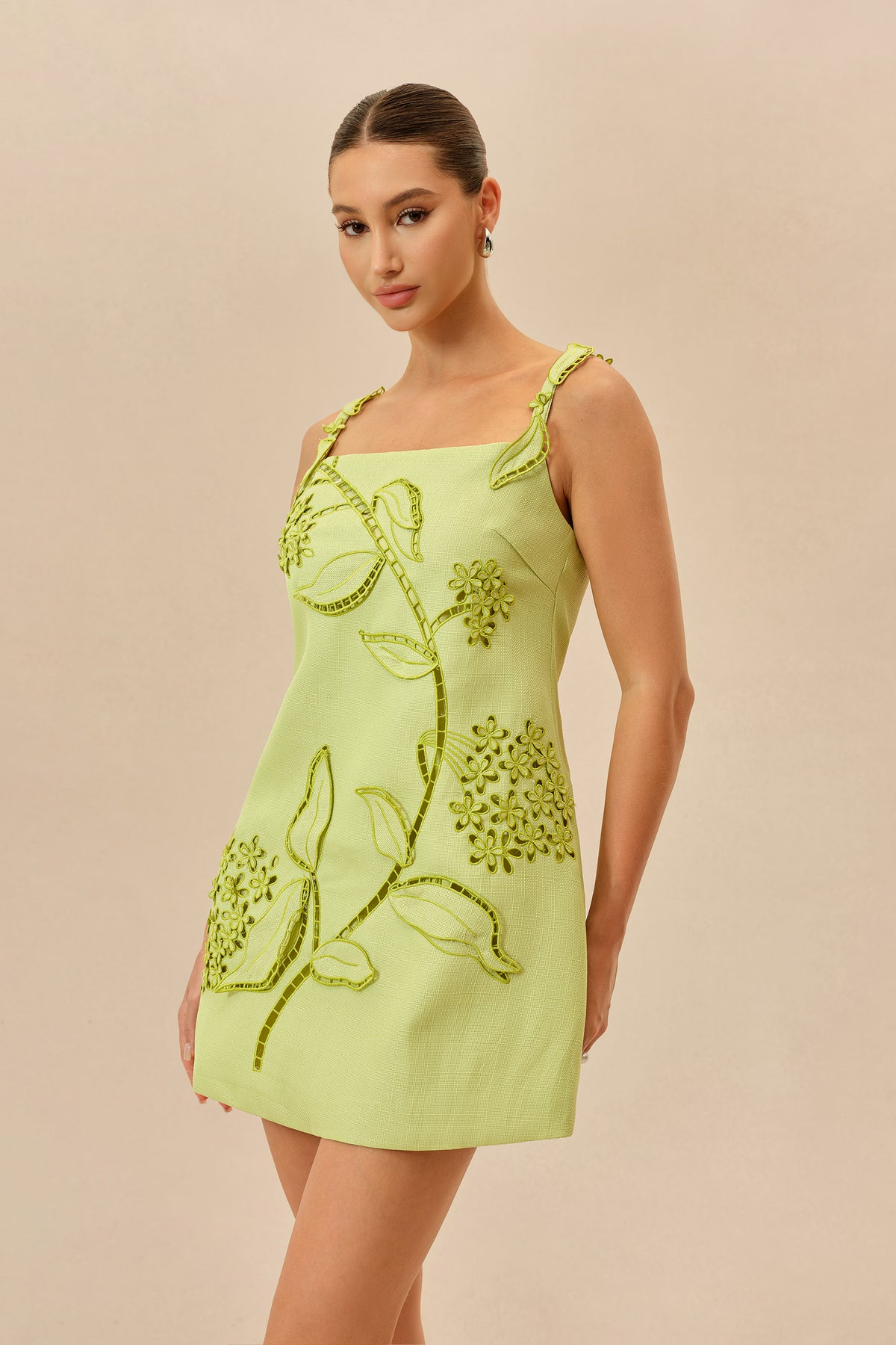 Green Floral Applique A-Line Mini Dress - view 3