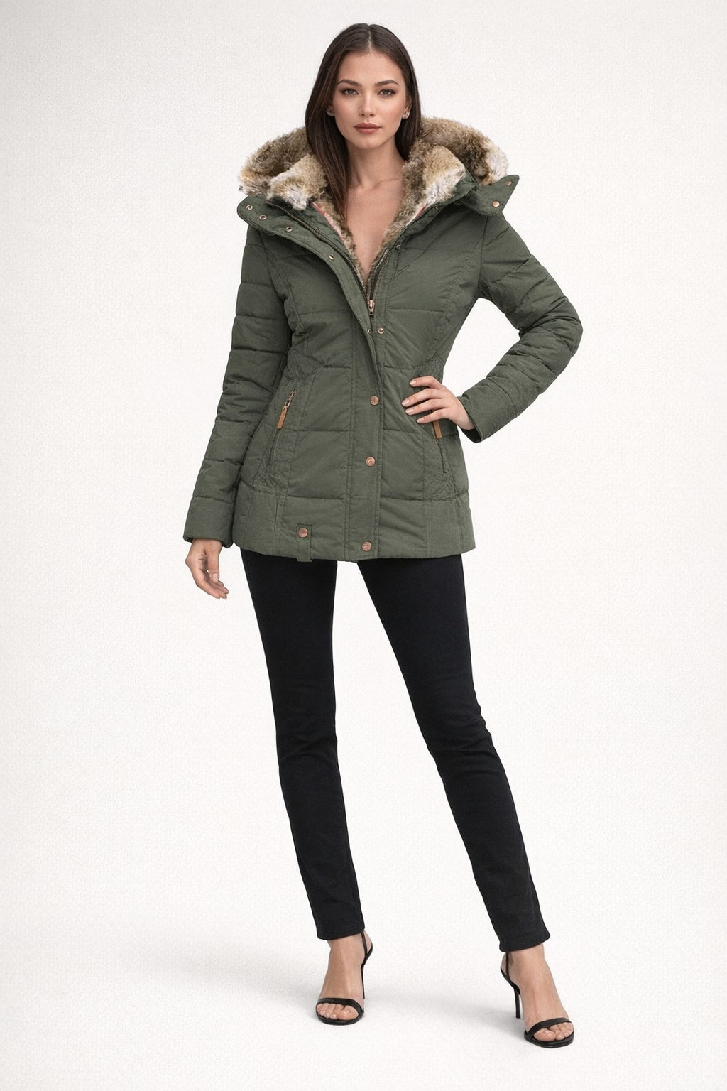 Quilted Women's Parka Coat With Faux Fur Hood - 3
